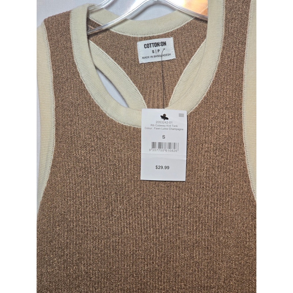 Cotton On Rib Cutaway Knit Tank Fawn Lurex Champagne Metallic Racerback Sm NWT - Picture 3 of 8